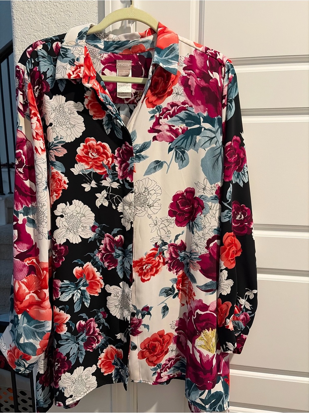 Chico's Colorblock Floral Button-Down Shirt - Black, White, Pink, Red, Teal